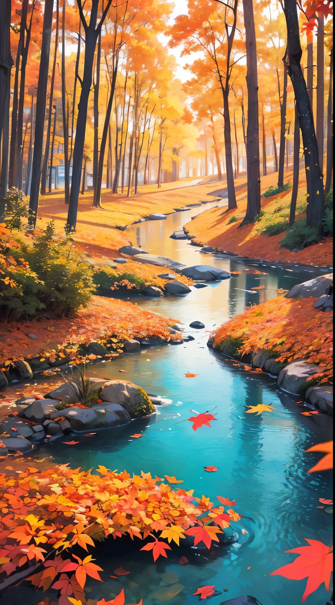 多彩抽象电话背景,4K畫質, 鋒利的, 散景, 生动设计, 华丽光滑,无缝的色彩过渡, 日落时森林中间有一条河流流过的场景, 秋天, 落葉 🍂
