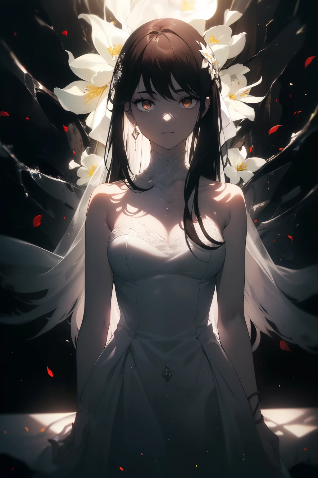 ((((Obra maestra, La mejor calidad, ultrahigh resolution)))), 1girl, standing, ((wearing a white wedding dress)), (long black hair in view, long hair:0.9, in frame), pale skin, ((brown eyes)), (glowing_eyes, luminescent eyes), (ultra detailed eyes:0.7, beautiful and detailed face, detailed eyes:0.9), ((centered)), smile, ((wide shot)), facing viewer, (((surrounded by darkness, LSD flowers:0.7, beautiful lighting))), flat chested, looking at viewer, ((perfect hands)), ((head:1, hips, elbows, arms, in view)), ((hands behind back)), defined subject, (18 years old), ((cool looking))