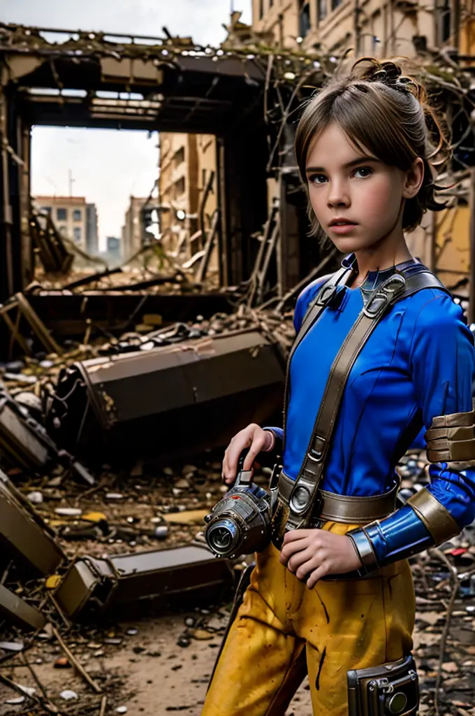 13 year old girl wearing (vaultsuit with pipboy3000 on wrist) standing in a ruined city, holding a large fallout weapon, giant s...