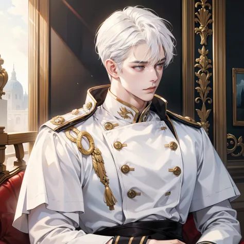Masterpiece, high quality, best quality, HD, realistic, perfect lighting, detailed body, 1 man, white eyes, uppercut hair, white Hair, King White Uniform, Palace background.