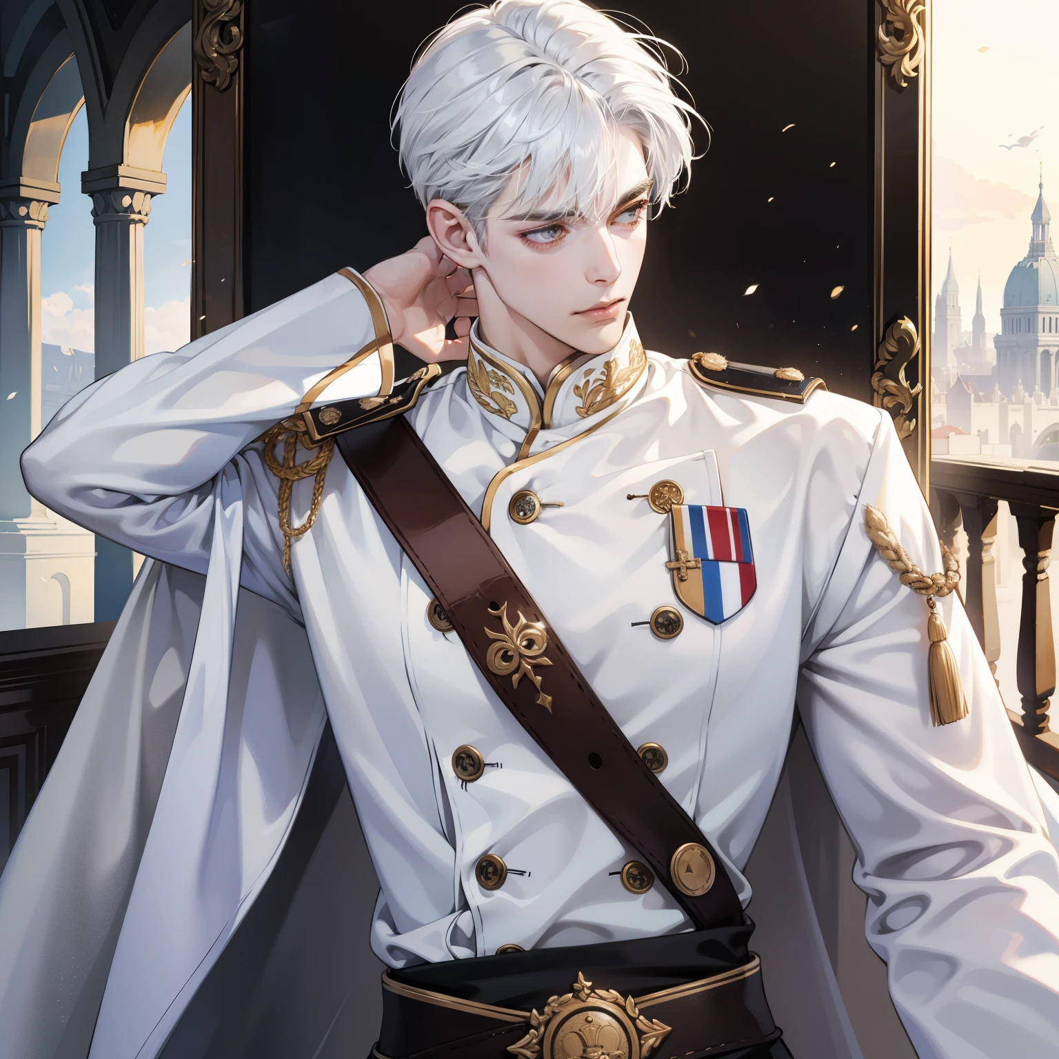 Masterpiece, high quality, best quality, HD, realistic, perfect lighting, detailed body, 1 man, white eyes, uppercut hair, white Hair, King White Uniform, Palace background.