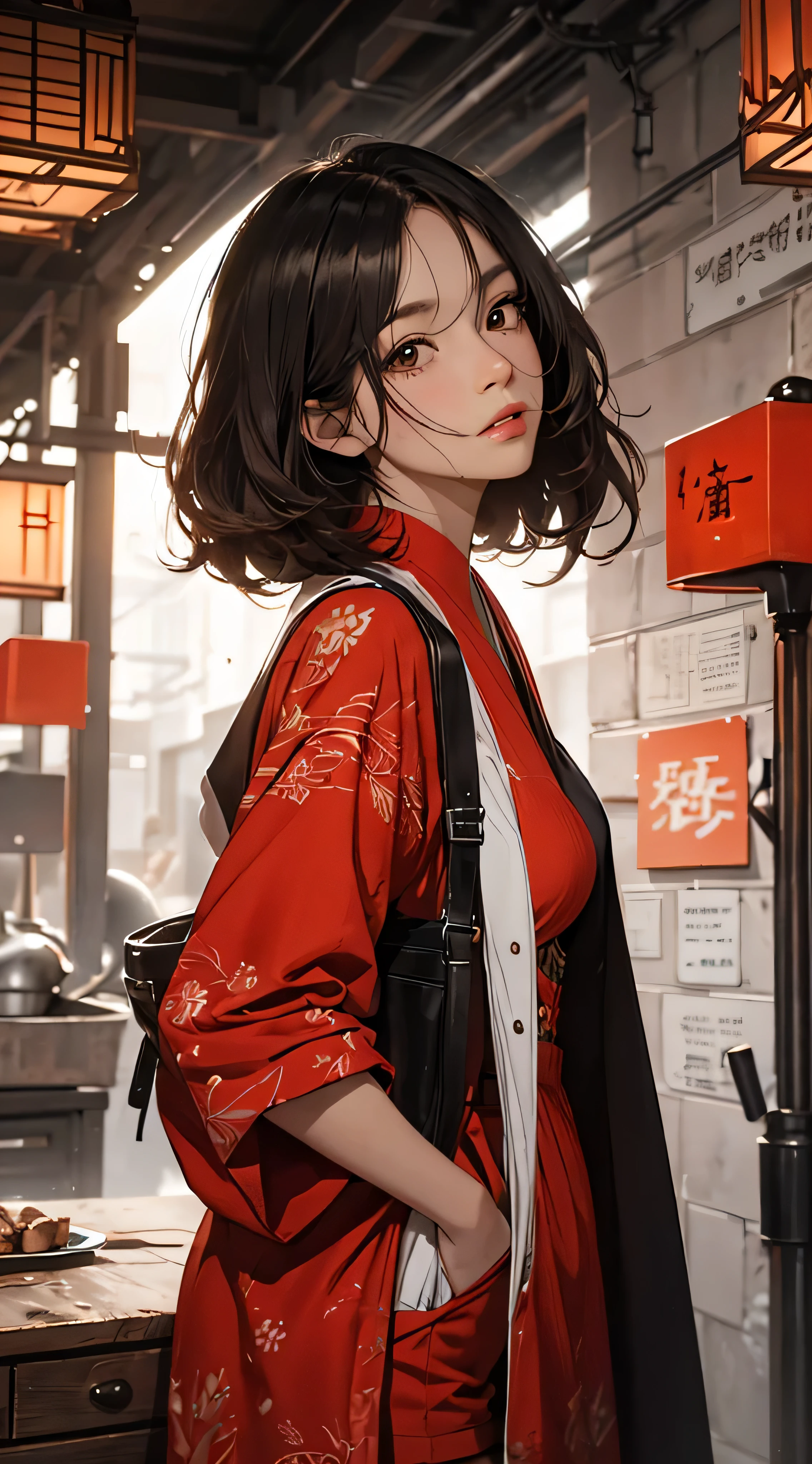 ((8k wallpaper of extremely detailed CG unit, ​masterpiece, hight resolution, top-quality, top-qualityのリアルテクスチャスキン)), ((a very beautiful woman, Plump lips, The upper part of the body, Hands in pockets:1.5, parka, Japanese pattern haori, Micro Mini Shorts)), (A dark-haired, hair messy, de pele branca), ((colorful wall with geometric pattern, warm color)), hyper realisitic, digitial painting,