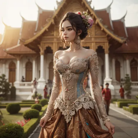 arafed woman with bustier gigantic breast in a corset and dress in front of a building, wearing an ornate outfit, ornate dress, ...