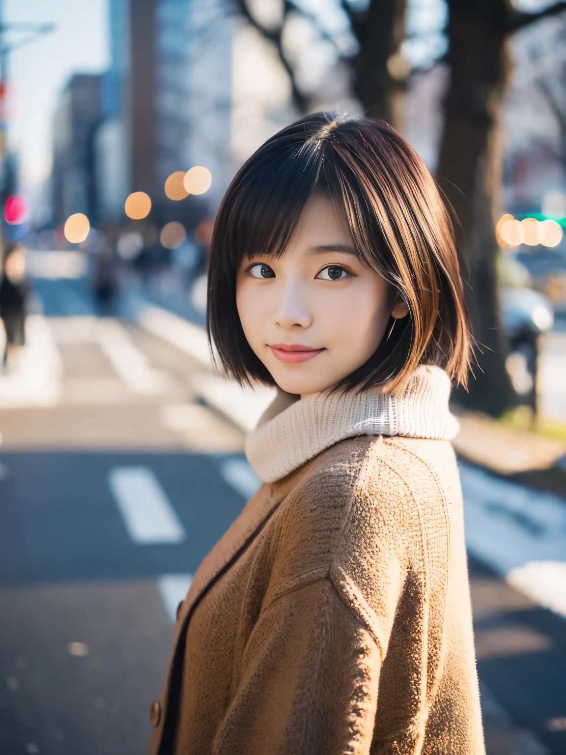 Photorealsitic, 8K, Full body portrait, Beautuful Women, A charming expression, Shorthair, sixteen years old, TOKYOcty, Winters, Shibuya in the background