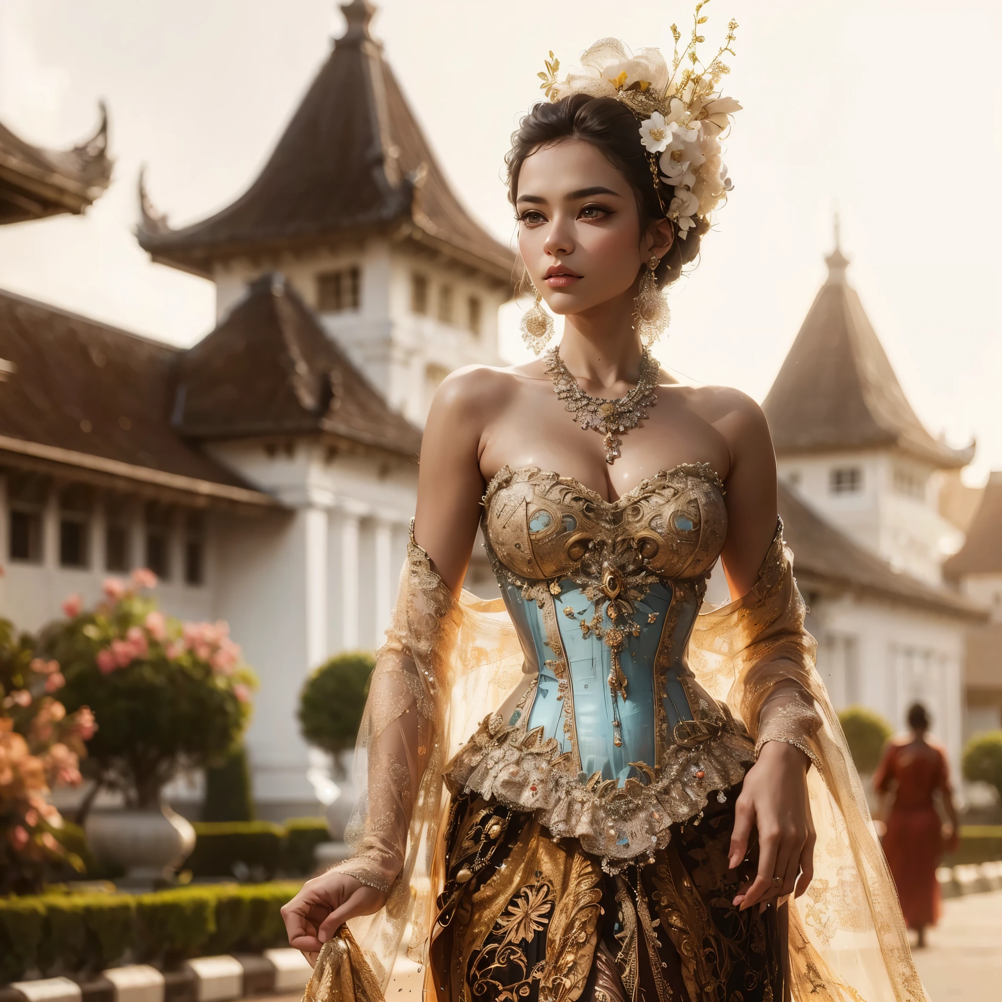 arafed woman with bustier gigantic breast in a corset and dress in front of a building, wearing an ornate outfit, ornate dress, intricate dress, elegant corset, ornate and elegant, extravagant dress, inspired by Hedi Xandt, ornate attire, intricate outfit, ornate royal gown, ornate clothing, ornate gown, intricate and elegant, intricate detailed dress, ornate , royal dress,  masterpiece, best quality:1.2),,(8k,highres,RAW photo,realistic,photo-realistic:1.3),(detailed skin texture,detailed cloth texture,beautiful detailed face:1.25),professional lighting,photon mapping,beautiful soft light,radiosity,physically-based rendering,raytracing, model shoot style, model shoot style, (extremely detailed CG unity 8k wallpaper), full shot body photo of the most beautiful artwork in the world,