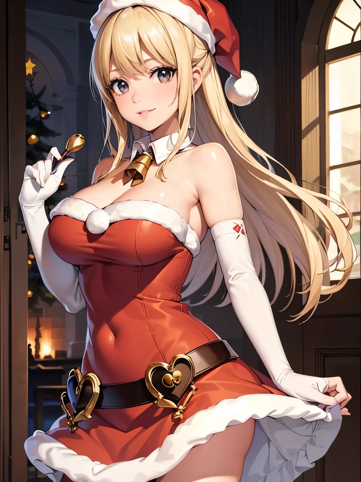 1girl, solo, masterpiece, best quality, high res, highly detailed, (illustration), beautiful detailed eyes, Lucy_Heartfilia, blonde hair, long hair ,glossy lips, makeup, smile, long white satin elbow gloves, cowboy shot, (santa), red santa dress, santa hat, strapless dress