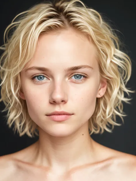 medium close-up photo, attractive and stunning blonde girl(short and messy hair) Nordic 18 years old, detailed (detailed bright eyes, thin nose, (looking at camera), specular lighting, dslr, ultra quality, sharp focus, sharp, dof, film grain, centered, Fuj...
