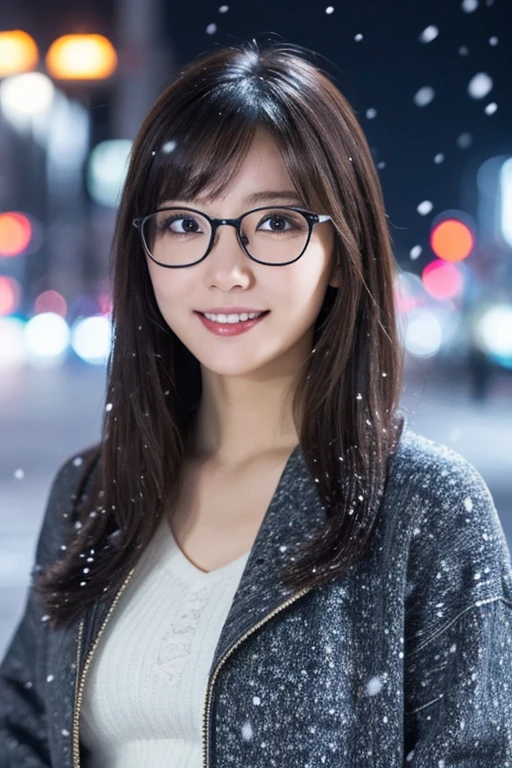 1 girl in, (wear a knit jacket :1.2), (glasses : 1.2), (Raw photo, Best Quality), (Realistic, Photorealsitic:1.4), masterpiece, Extremely delicate and beautiful, Extremely detailed, 2k wallpaper, amazing, finely detail, the Extremely Detailed CG Unity 8K Wallpapers, Ultra-detailed, hight resolution, Soft light, Beautiful detailed girl, extremely detailed eye and face, beautiful detailed nose, Beautiful detailed eyes, Cinematic lighting, Illuminations coloring the city on a snowy night, Snowy landscape, It's snowing, Snow in the hair, Perfect Anatomy, Slender body, Taut, 
Straight semi-long hair, Bangs, Looking at Viewer, A slight smile