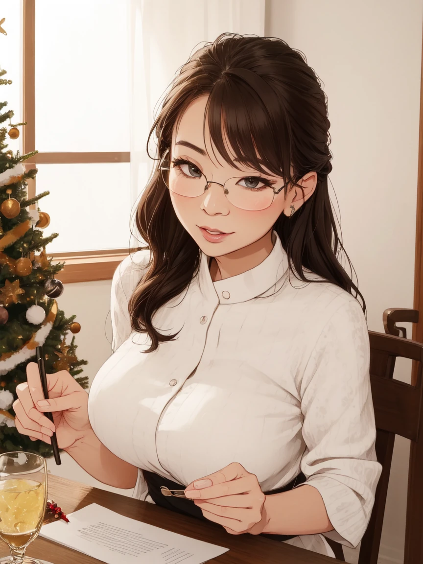 크리스마스 섹시한중년여성, 아시아 사람, 안경