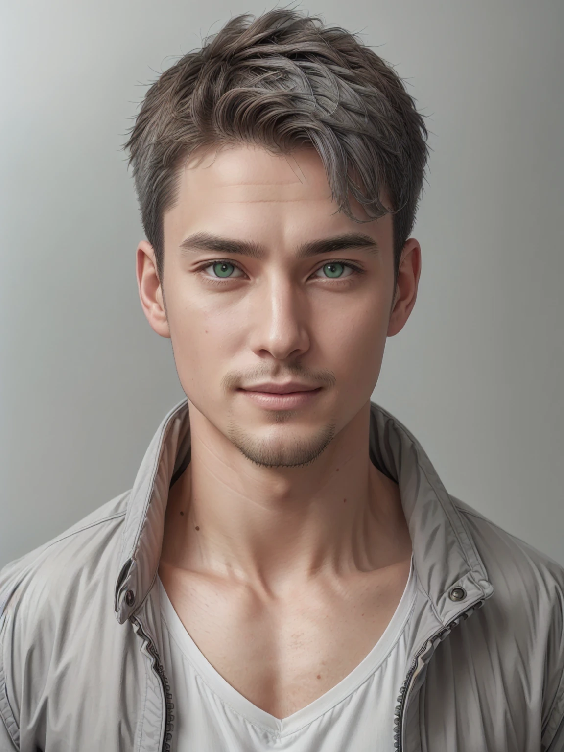 detail skin texture, (Best quality at best:1.4), 8K resolution, A high resolution, (realisticlying, A high resolution:1.4), RAW photogr, (current, Reality:1.3 like, Handsome Caucasian male, super model, Attractive man,40 year old man！, white male head portrait, softlighting, Face focus, cheerfulness, cheerfulness, warm lights, ((gray white background)), ((gray white background)). ((gray wall background)), head portrait, (Very short hair), Wear a modern and stylish jacket and shirt, Handsome, young, green-eyed, flathead, Very short hair, flathead, with a round face, Brown hair, shaved ones, clean shaven, perfectly straight in front of the camera, surreal, Detailed pubic hair, naturalistic portrait, right in front of camera, very Detailed pubic hair eyes, perfectly straight in front of the camera,
