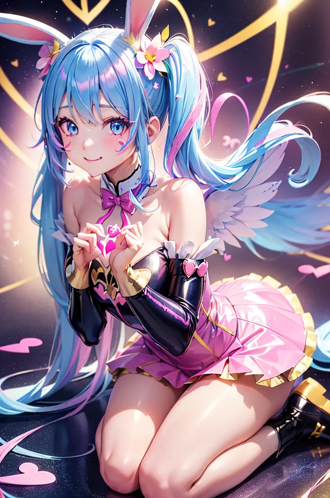 (multicoloured latex school girl costume)、sexypose、very long twintails、Blue hair、(angel wings、Rabbit ears)、((((heart mark))))、((...