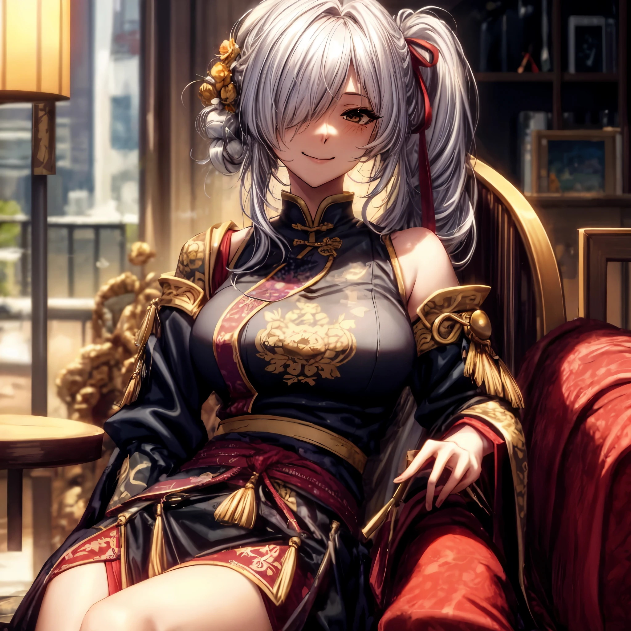 (masterpiece, top quality, best quality, official art, beautiful and aesthetic:1.2), extreme detailed, detailed background, detailed face, Jinyuan, female, feminely, mature, middle-aged, short_ponytail, bangs, hair_ornament, long_hair, hair_over_shoulder, tied_hair, white_hair, ((hair_over_one_eye)), white_hair, closed_mouth, smile, strong, sharp face, beautiful, Chinese, Relaxed appearance, meticulous, calm, General, Traditional attire, Confident, deep_in_thought, Strategist demeanor, broad shoulder, large volume of hair, (solo), depth of field, yellow_eyes, ahoge, hair_ribbon, large breasts，solo sunshine, cityscape, cafe, sitting on sofa