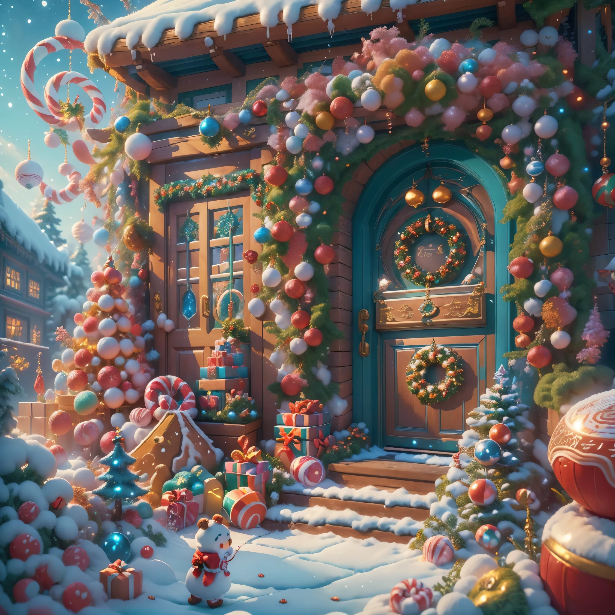 (chef-d&#39;œuvre),（ultra - détaillé:1.3），(fermer: 1.8), meilleure qualité，（棉花糖一样的白Yuki:1.2），（Cour de Noël dans un conte de fées bleu:1.6），(Anneau inférieur de décoration de Noël sur la porte bleue: 1.8),（soleils），(((De délicieux bonbons devant la porte，Sapin de Noël, cadeaux, les chaussettes de Noël, mignon bonhomme de pain d&#39;épice，éclaboussure de maison en chocolat))), Style d&#39;illustration, décorations, Petite cour de Noël fantastique, Joli style de conception, Yuki，rays of soleilshine，couleur vive、 ((Fantaisie fantaisiste et charmante)), Portrait surréaliste, (Cabane de Noël sur le thème fantastique), (Accessoires de Noël fantaisistes), (coloré, Paysage plein de bonbons), (enchanteur, 神奇的Sapin de Noël), (un vibrant, Cour couleur bonbon), (Route des bonbons), (porte bonbon bleue) a distance, (Comme un miroir, 不对称chef-d&#39;œuvre钟表配件), (Riche, couleurs fantastiques), (温暖的rays of soleilshine), (rêve en quatre dimensions), (enchanteur atmosphere), (composition ludique), (生动的rays of soleilshine效果), 1.4x réalisme，hyper HD，Montré dans cette belle scène，(Très méticuleux，Conception raisonnable，Lignes claires，Haute netteté，chef-d&#39;œuvre，art officiel，effet de lumière de film，8k)