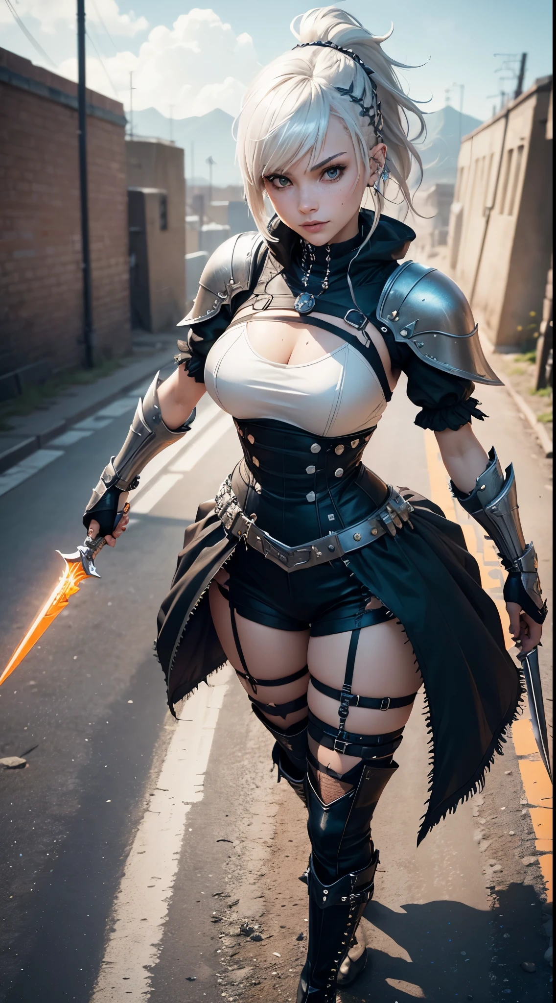 A woman in a cosplay outfit holding a sword and a sword - SeaArt AI