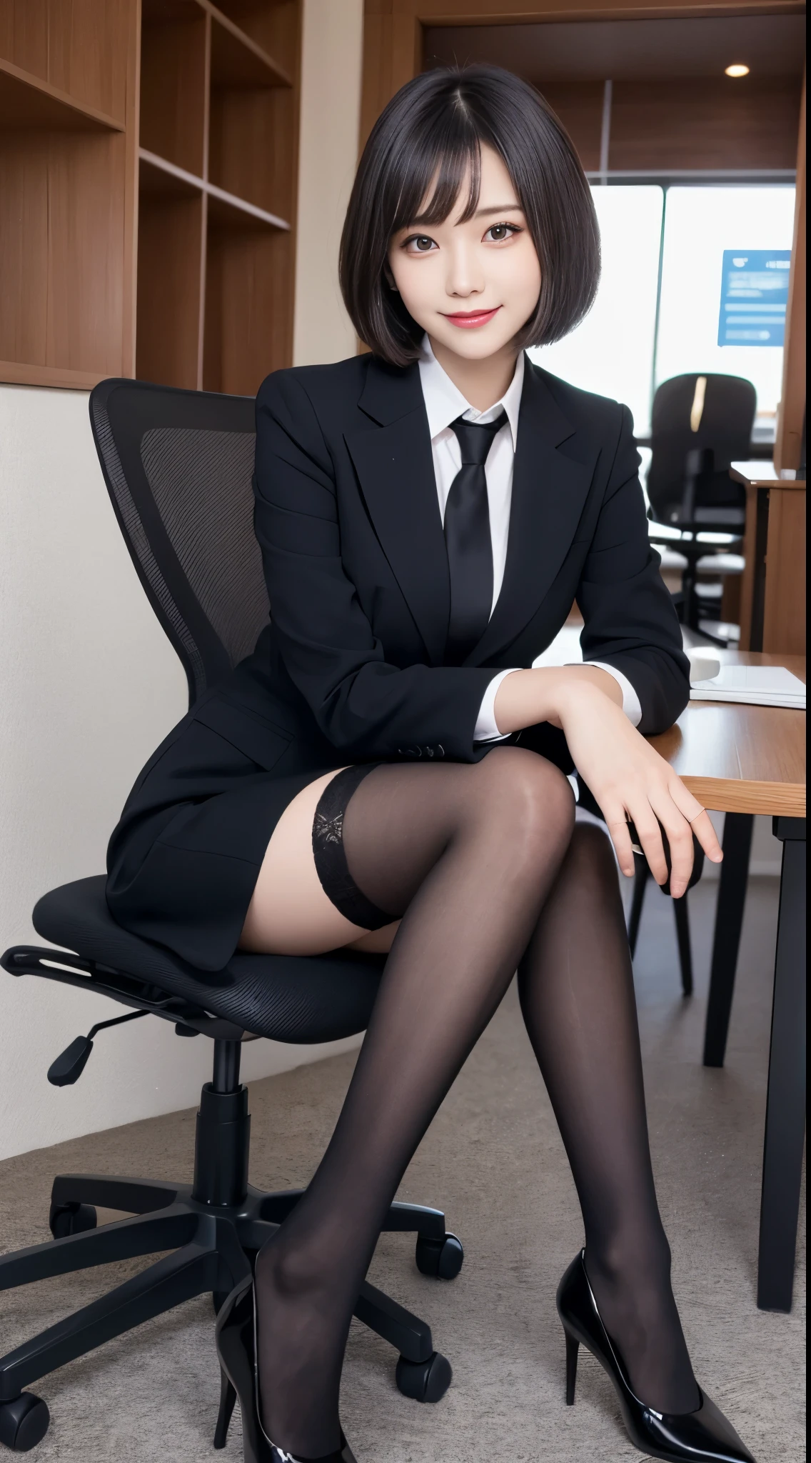 masutepiece, Best Quality, Illustration, Ultra-detailed, finely detail, hight resolution, 8K Wallpaper, Perfect dynamic composition, Beautiful detailed eyes, Business suits,hort cut hair，Natural Color Lip, Sit on a chair and cross your legs,Smile、25 year old girl，red eye shadow，Wearing black tights stockings，