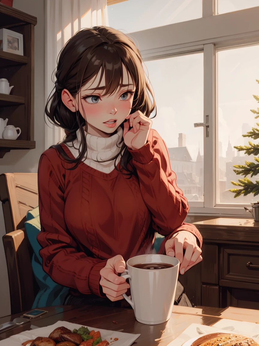 Christmas woman, sweater, hot chocolate, snow outside