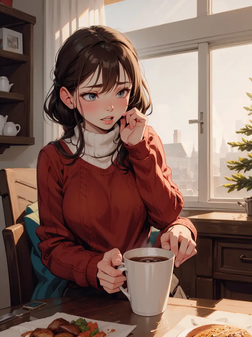 christmas woman, sweater, hot chocolate, snow outside