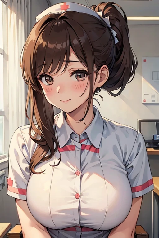 1 Lady Solo, Nurse, /(Nurse uniform/), /(Brown hair/) Hair UP, blush gentle smile, (masterpiece best quality:1.3) Ultra-detailed delicate illustrations, Big breasts Break /(Indoor Hospital/)