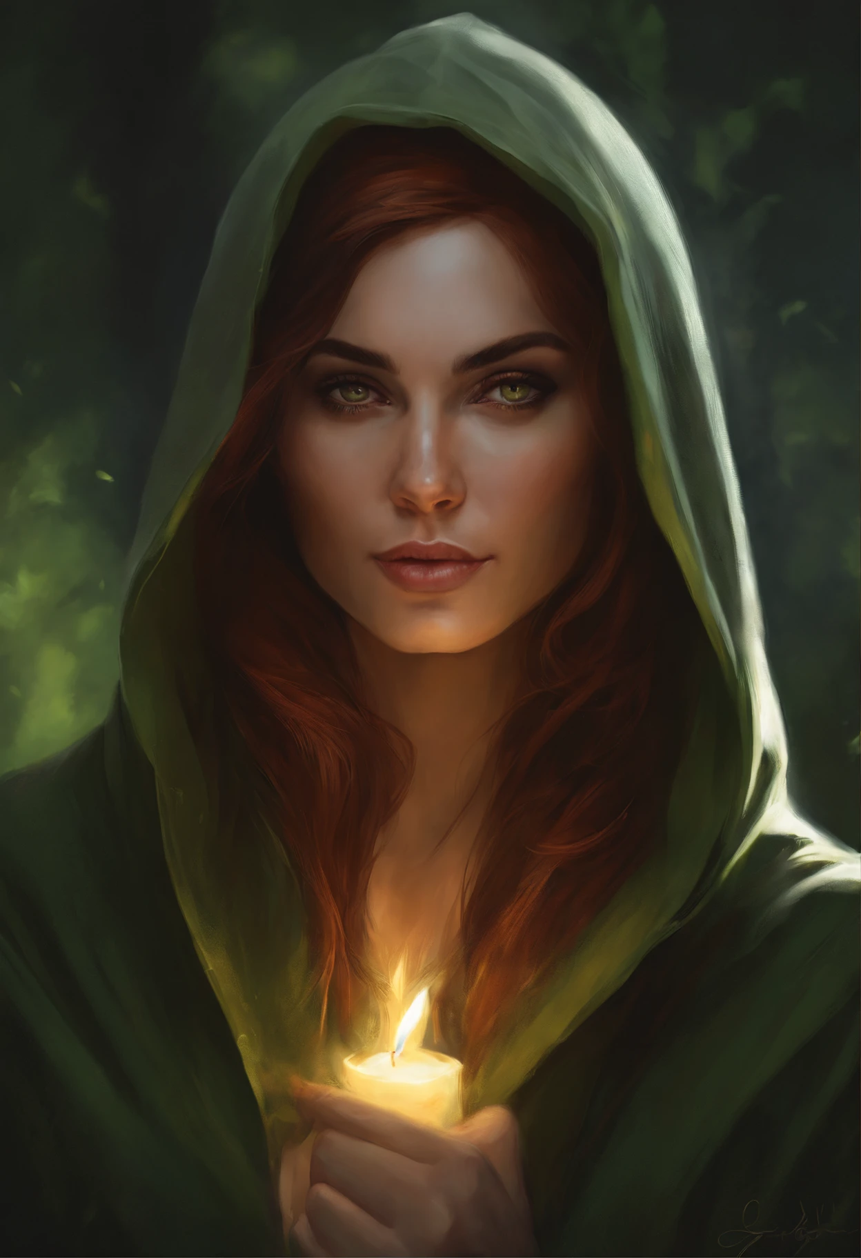 A woman in a green hoodie holding a candle - SeaArt AI