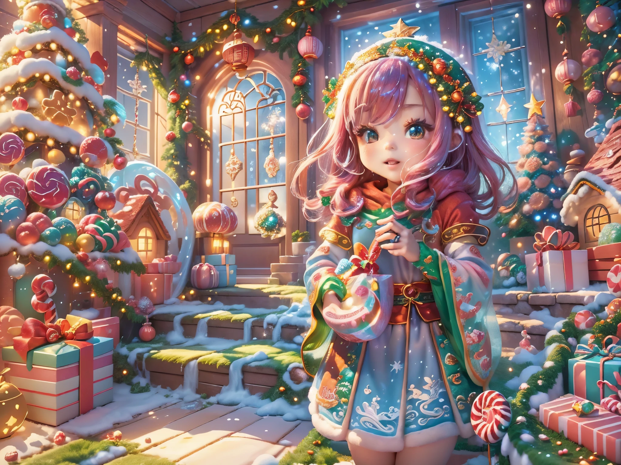 (tmasterpiece),（ultra - detailed:1.3），(Close-up: 1.8), Best quality，（棉花糖一样的白yuki:1.2），（Christmas courtyard in blue fairy tale:1.6），(蓝色门上圣诞decorationlower ring: 1.8),（suns），(((Delicious candies in front of the door，Christmas tree, gifts, Christmas stockings, cute gingerbread man，chocolate house splash))), Illustration style, decorations, Fantasy Christmas small courtyard, Lovely design style, yuki，rays of sunshine，vivd colour、 ((Whimsical and charming fantasy)), Surreal portrait, (Fantasy themed Christmas cabin), (Whimsical Christmas Accessories), (Colorful, Landscape full of candy), (enchanting, 神奇的Christmas tree), (A vibrant one, Candy-colored courtyard), (Candy Road), (blue candy door) in distance, (Like a mirror, 不对称tmasterpiece钟表配件), (Rich, fantasticcolors), (温暖的rays of sunshine), (four dimensional dream), (enchanting atmosphere), (Playful composition), (生动的rays of sunshine效果), 1.4x realism，hyper HD，Shown in this beautiful scene，(Very meticulous，Reasonable design，Clear lines，High- sharpness，tmasterpiece，offcial art，movie light effect，8K)