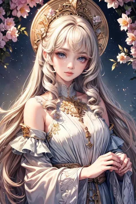 (best quality,8K,CG),detailed upper body,solitary girl,floral forest background,complex facial features,elegant long curly hair,almond-shaped big eyes,detailed eye makeup,long eyelashes,twinkling stars,exquisite lip details,soft and harmonious style.