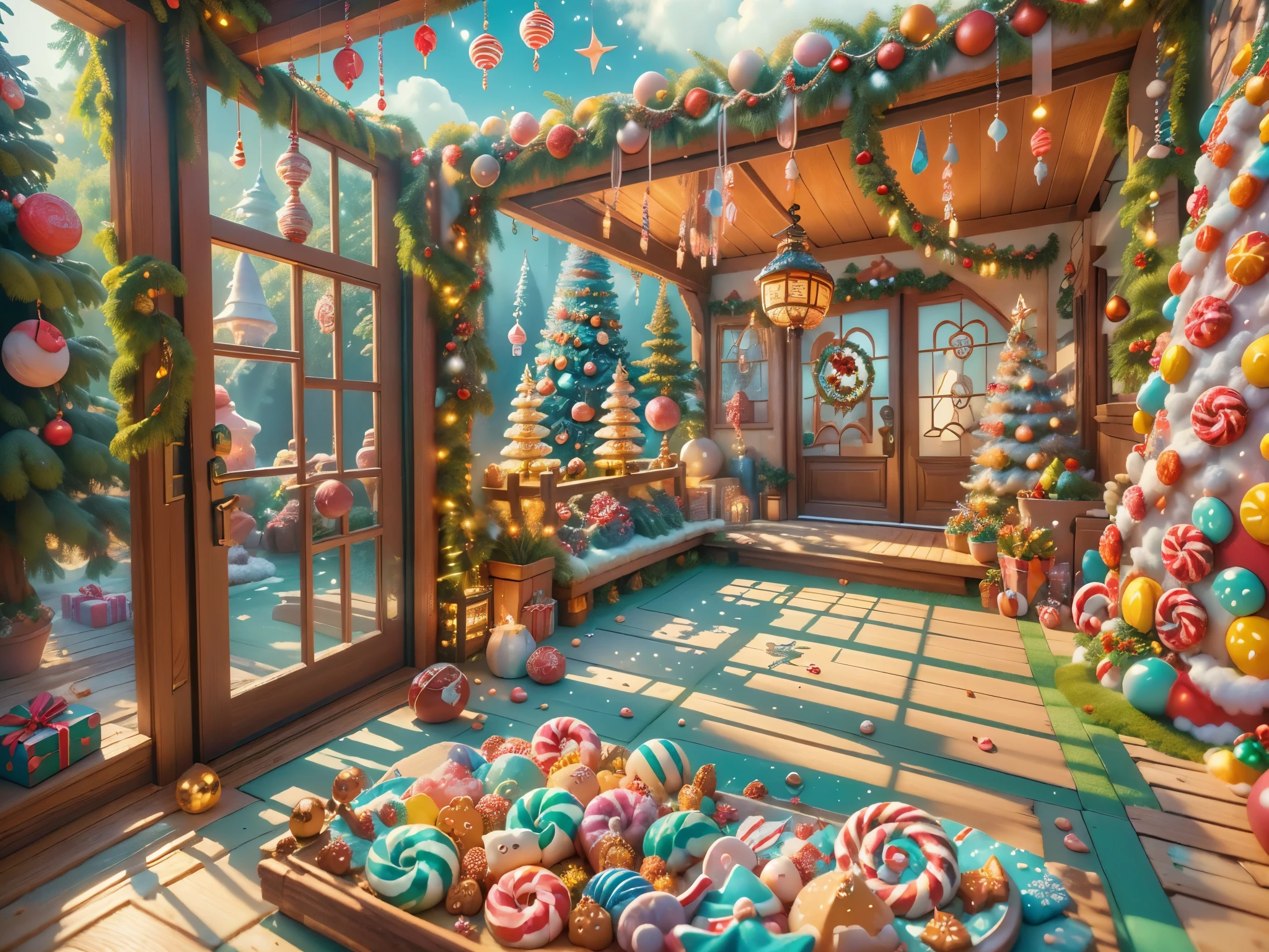 (tmasterpiece),（ultra - detailed:1.3），(Close-up: 1.8), Best quality，（Marshmallow-like white yuki:1.2），（Christmas courtyard in blue fairy tale:1.6），(Christmas decorationlower ring on blue door: 1.8),（suns），(((Delicious candies in front of the door，Christmas tree, gifts, Christmas stockings, cute gingerbread man，chocolate house splash))), Illustration style, decorations, Fantasy Christmas small courtyard, Lovely design style, yuki，rays of sunshine，vivd colour、 ((Whimsical and charming fantasy)), Surreal portrait, (Fantasy themed Christmas cabin), (Whimsical Christmas Accessories), (Colorful, Landscape full of candy), (enchanting, magical Christmas tree), (A vibrant one, Candy-colored courtyard), (Candy Road), (blue candy door) in distance, (Like a mirror, Asymmetrical tmasterpiece watch accessories), (rich, fantasticcolors), (warm rays of sunshine), (four dimensional dream), (enchanting atmosphere), (Playful composition), (Vivid rays of sunshine effects), 1.4x realism，hyper HD，Shown in this beautiful scene，(Very meticulous，Reasonable design，Clear lines，High- sharpness，tmasterpiece，offcial art，movie light effect，8k)