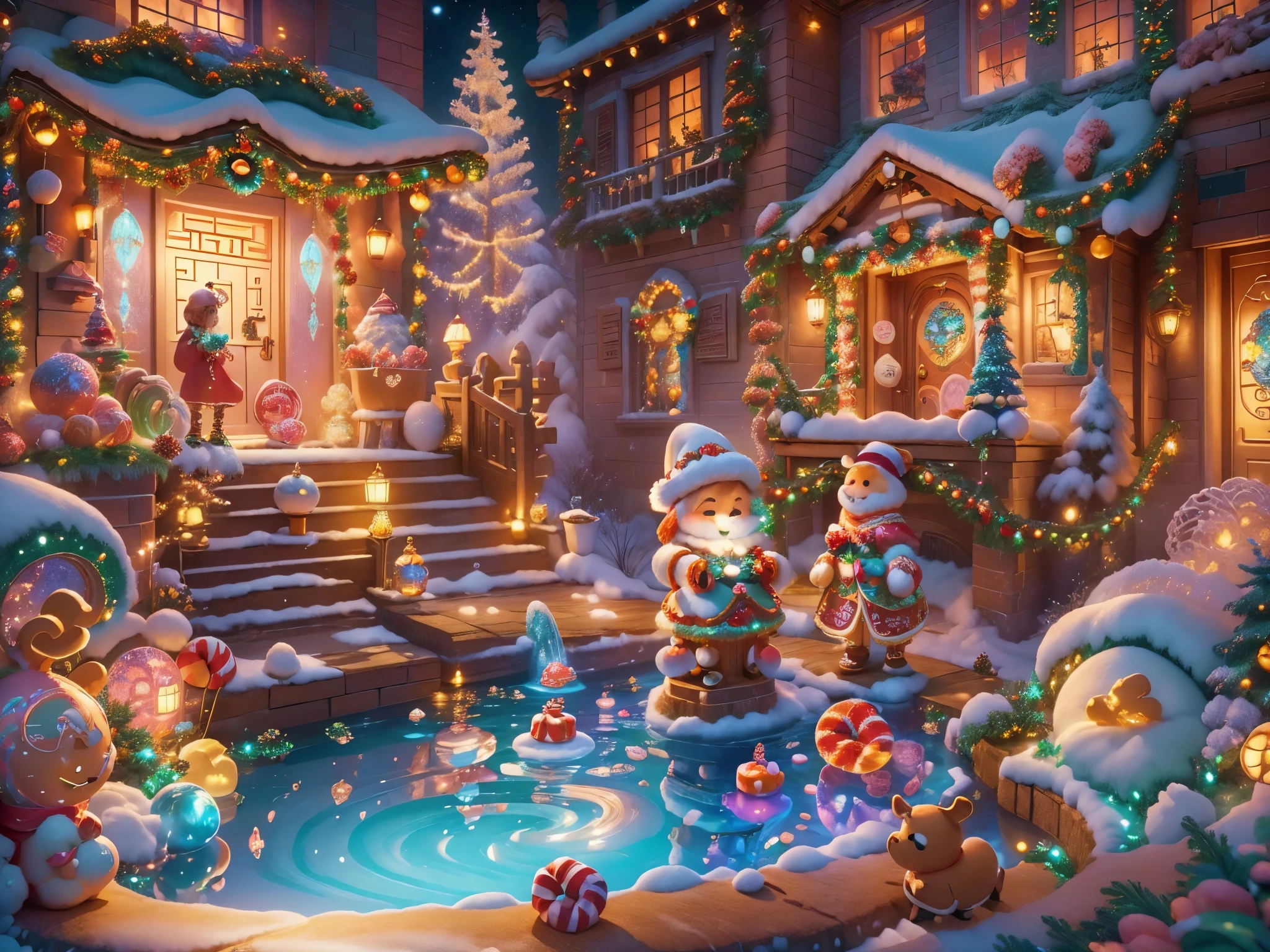 (tmasterpiece),（ultra - detailed:1.3），(Close-up: 1.8), Best quality，（Marshmallow-like white yuki:1.2），（Christmas courtyard in blue fairy tale:1.6），(Christmas decorationlower ring on blue door: 1.8),（suns），(((Delicious candies in front of the door，Christmas tree, gifts, Christmas stockings, cute gingerbread man，chocolate house splash))), Illustration style, decorations, Fantasy Christmas small courtyard, Lovely design style, yuki，rays of sunshine，vivd colour、 ((Whimsical and charming fantasy)), Surreal portrait, (Fantasy themed Christmas cabin), (Whimsical Christmas Accessories), (Colorful, Landscape full of candy), (enchanting, magical Christmas tree), (A vibrant one, Candy-colored courtyard), (Candy Road), (blue candy door) in distance, (Like a mirror, Asymmetrical tmasterpiece watch accessories), (rich, fantasticcolors), (warm rays of sunshine), (four dimensional dream), (enchanting atmosphere), (Playful composition), (Vivid rays of sunshine effects), 1.4x realism，hyper HD，Shown in this beautiful scene，(Very meticulous，Reasonable design，Clear lines，High- sharpness，tmasterpiece，offcial art，movie light effect，8k)