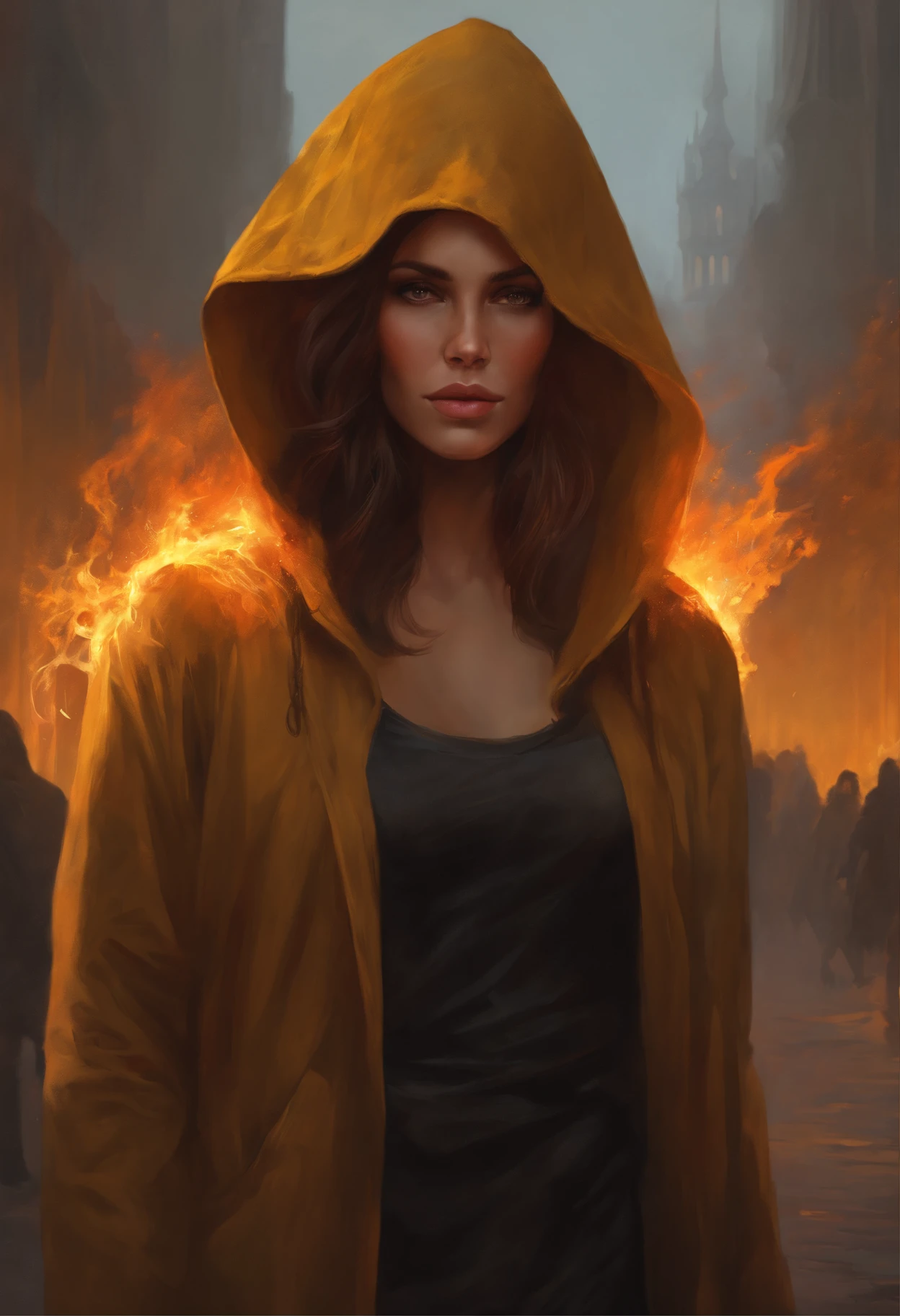 Photo of a burning man with gray hair., yellow eyes and hoodie., fire, scratch on face, beautiful character painting, Black-haired god, graphic artist magali villeneuve, alena aenami and artgerm, fantasy concept art portrait, female redhead templar, Artgerm Craig Mullins, charlie bowater character art, magali villeneuve', charlie bowater rich deep colors, gorgeous digital painting