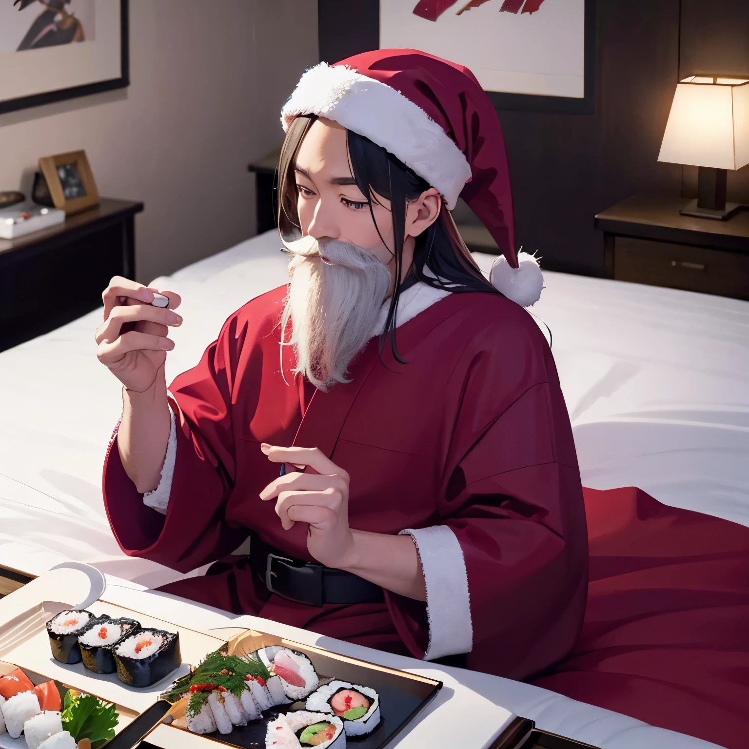 Araffe vestido com roupa de Papai Noel comendo sushi na cama - SeaArt AI