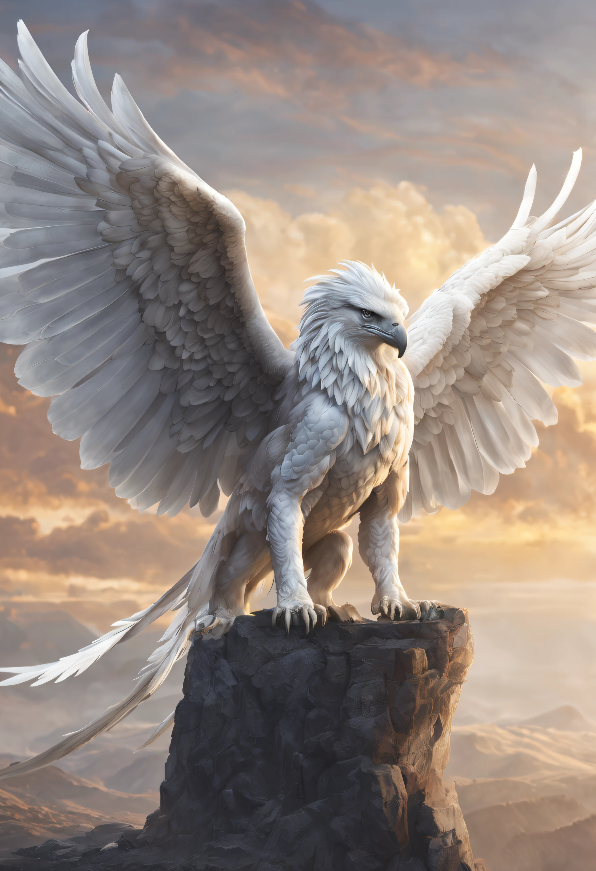 fantasy creature, mythology, legend, all White gryphon, with the hindquarters of a lion, the head of an eagle, the front legs of an eagle, and the wings of an eagle , 8k