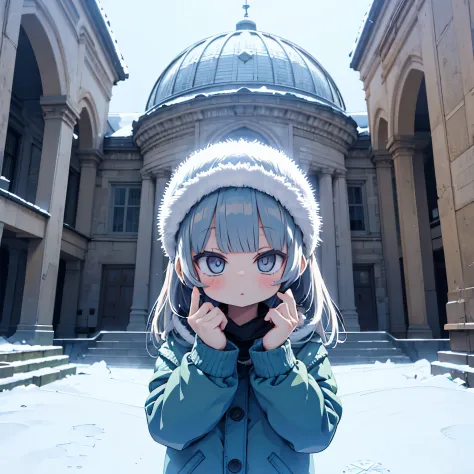 Girl posing in front of a snowy dome house