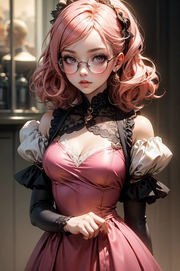 Anime girl tuxedo with curly rose gold hair and round gold glasses, rose gold eyes. Guviz style art, attractive detailed art sty...