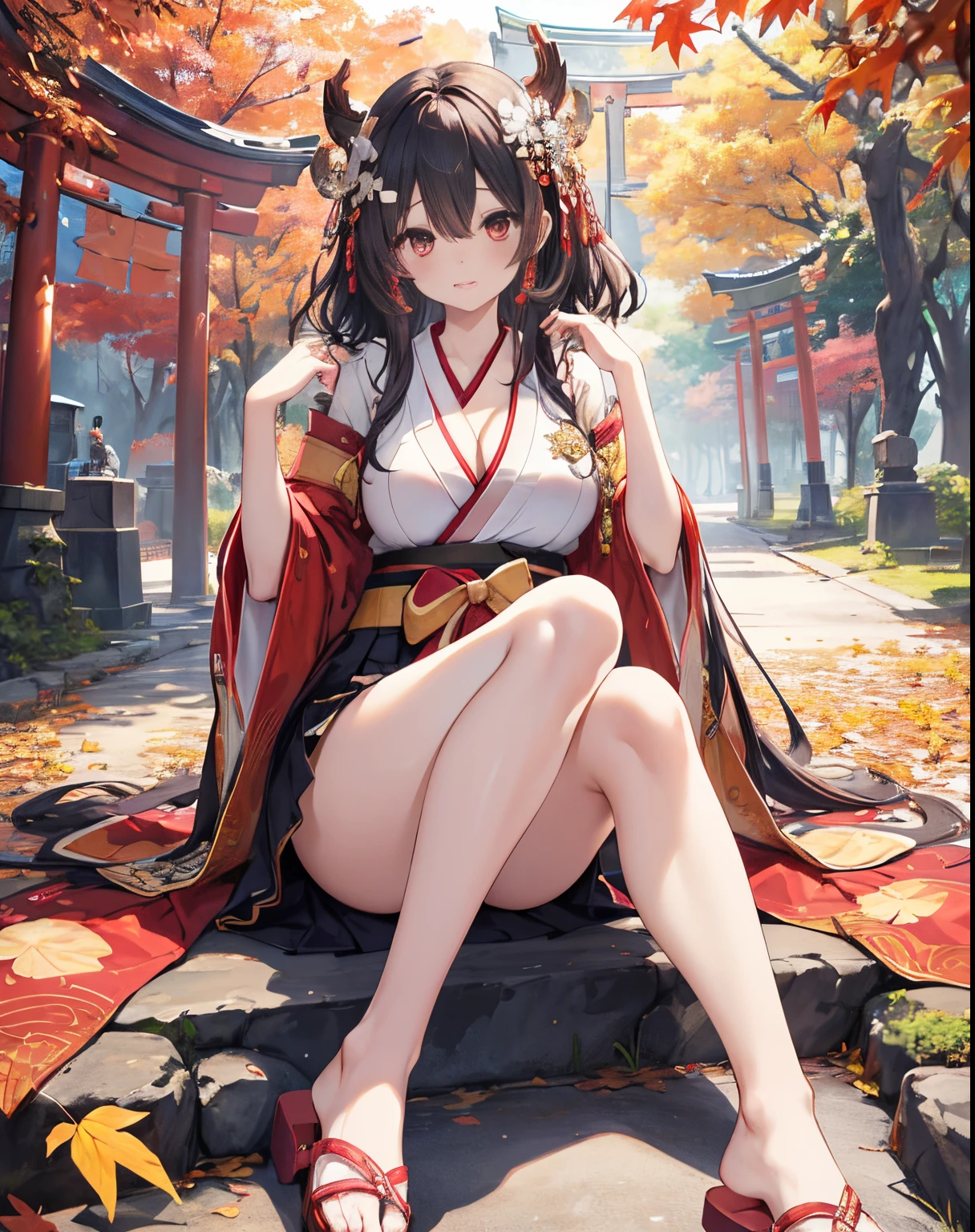 (1 female)，Full body view，Snow-white skin，full bodyesbian, white hair, long hair, wavy hair, red eyes, nedium breasteautifullegs，sandals， are worn,Disturbed armor:1.2, hakama，Perfect five fingereautiful breasts, Top resolution、top-quality、Top resolution、top-quality、（tmasterpiece）、extra detailed face、Original characters、Perfect litthing、best colortremely colorful、Beautiful fece、finedetail、超A high resolution、Plenty of natural light and optimal tones、Deep depth of field（top-quality、Superb detail：1.4）Best Quality、masutepiece、8K、Colored leaves、shrines、torii gate、autumnal, neon, detail eyes