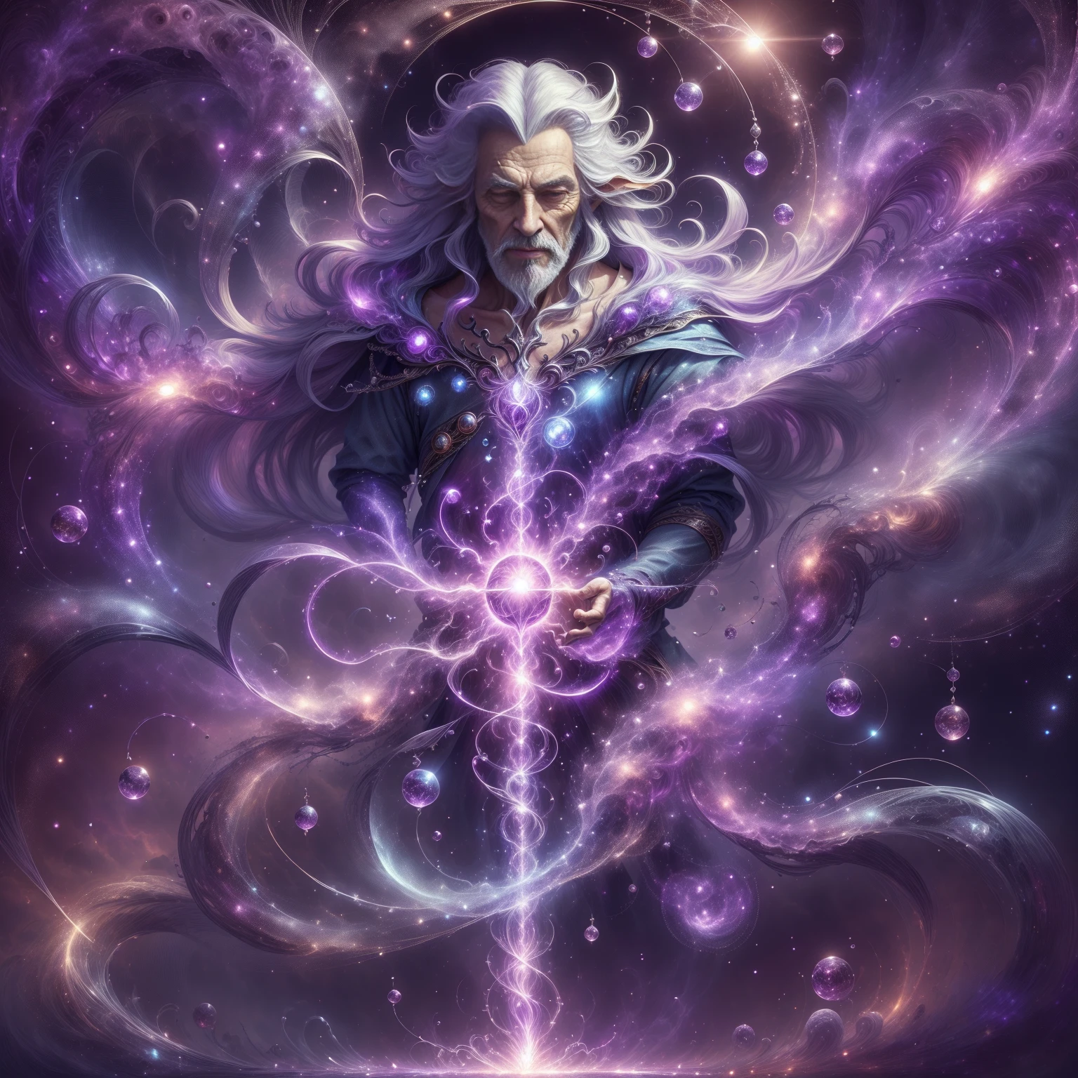 psionische Magie , psychische Energie  , Manafluss,   Shimmers,  esper,  Hintergrund, Im Himmel fliegen,  Gandalf, 
strahlende Augen,  Zauberer,  Strahlendes Haar , ,Ganzkörper,