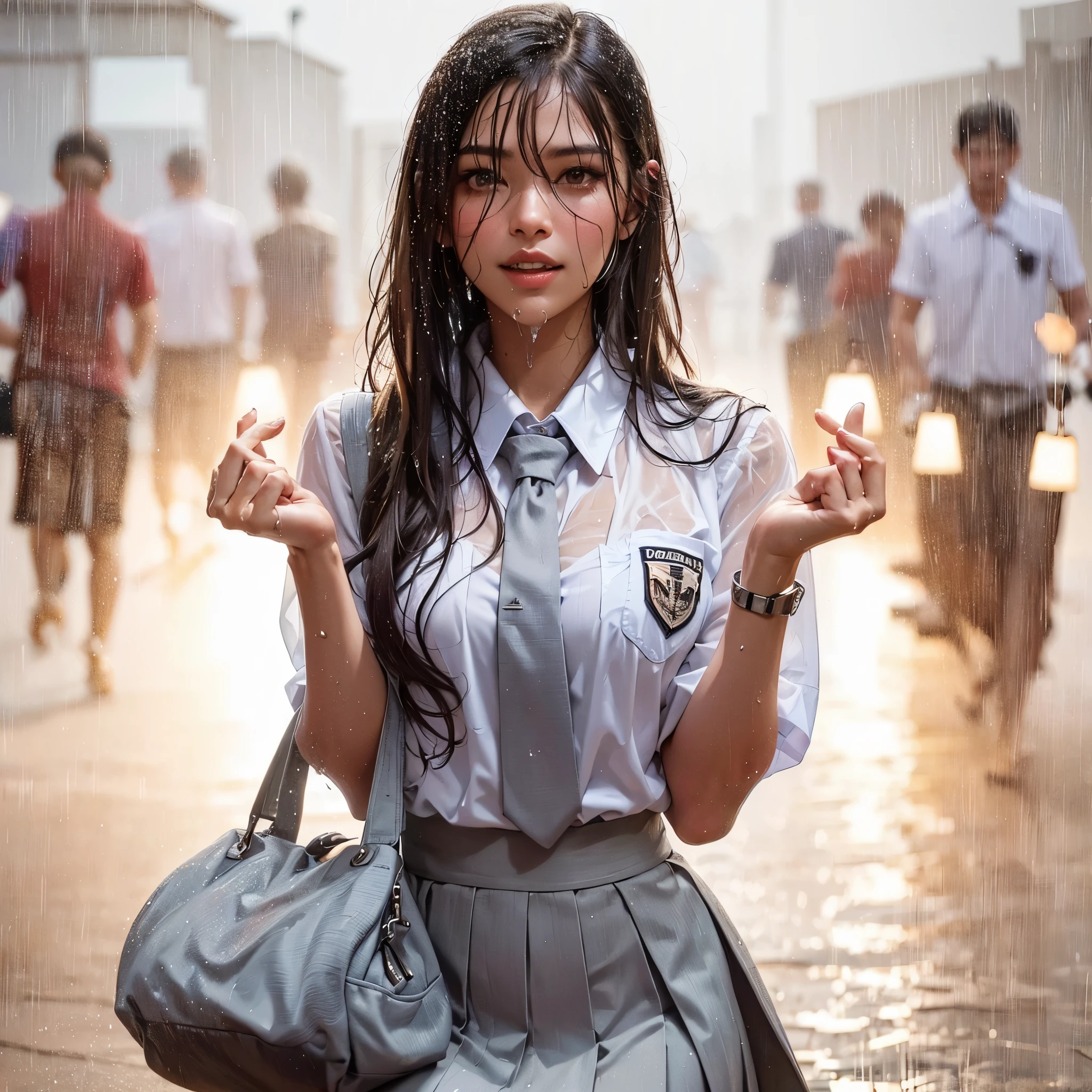 there is a woman with gigantic breast in a school uniform standing in the rain, wet shirt, can see bra behind shirt, pretty girl standing in the rain, after rain and no girls, raining, girl wearing uniform, in the rain, anime thai girl, raining award winning photo, school girl, just after rain, raining!, at evening during rain, wet from rain, rainy wet, raining portrait, beautiful and smiling, masterpiece, best quality:1.2),,(8k,highres,RAW photo,realistic,photo-realistic:1.3),(detailed skin texture,detailed cloth texture,beautiful detailed face:1.25),professional lighting,photon mapping,beautiful soft light,radiosity,physically-based rendering,raytracing, model shoot style, model shoot style, (extremely detailed CG unity 8k wallpaper), full shot body photo of the most beautiful artwork in the world,