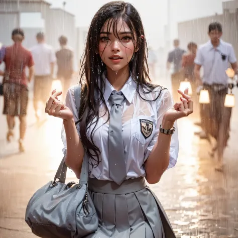 there is a woman with gigantic breast in a school uniform standing in the rain, wet shirt, can see bra behind shirt, pretty girl...