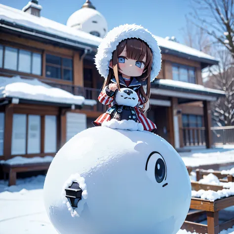 Girl posing in front of a snowy dome house、Snowman on background、Strong blur