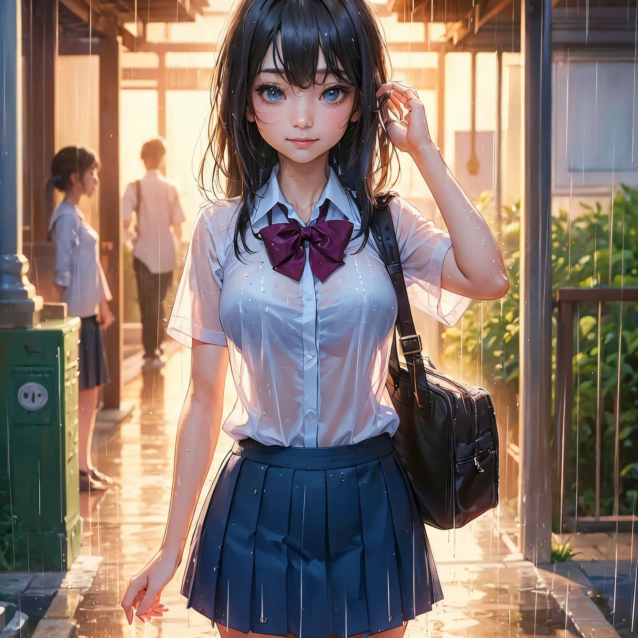 Anime girl en uniforme scolaire debout sous la pluie avec sa main sur la  tête - SeaArt AI