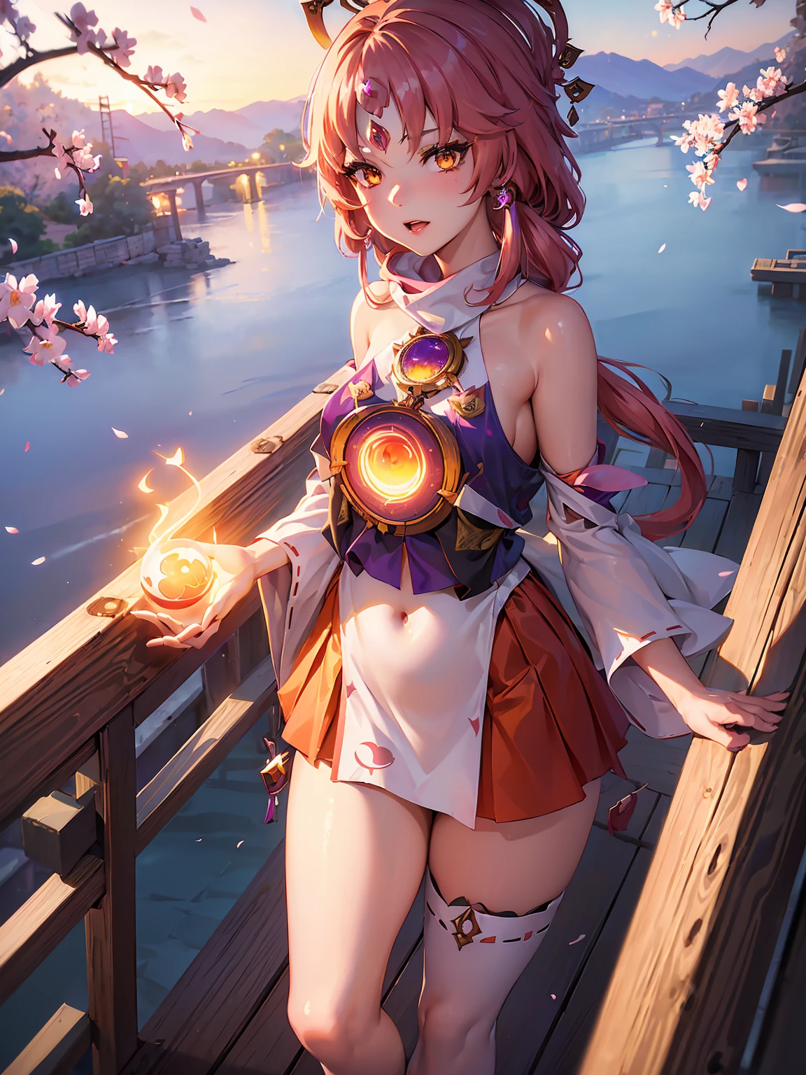 ((highly detailed)), honkai star rail, fu xuan, perfect human hands, (great breast:1.1),masterpiece, best quality, ultra-detailed, glistening shiny, glowing light, ray tracing, HDR, deph of field, (perfect face, detailed face, detailed eyes,perfect hands,perfect fingeredium boobs:1.2),8k,HD,ultra realistic face,ray tracing,perfect lighting,best quality, ultra-detailed, shiny eyes, (looking at viewer,open mouth smile:1.1), ((1girl:1.2)), (mature female:1.4),cowboy shot,thicc,(twintails),streaked_hair,((orange gradient hair)),multicolored eyes, gradient eyes, (glowing eyes:1.5), mascara, (fashion make up), parted lips,blush,school uniform, skirt, coat, beret, scarf, skirt lift by wind,panties,cameltoe,all fouriddle of japanese countryside,japanese bridge,over the bridge,river,cherry trees,cherry petals,dark blue sky)),((super detailed background)), dynamic poses, ((8k wallpaper)), (miko oufit:1.5)