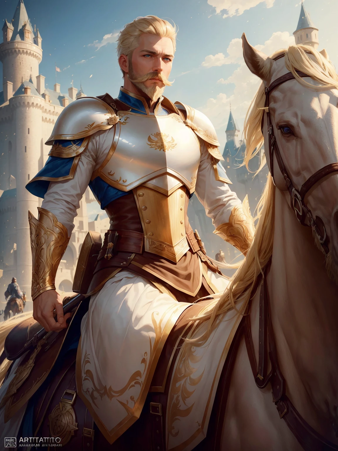 ((a masculine man with short blonde hair and a full blonde beard with mustache, in a white armor riding a horse)), blue eyes,  hair with many details, 8k artgerm bokeh, fanart best artstation, render photorealistic, guweiz-style art, inspired by WLOP, ig model | artgerm, detailed waist up portrait, stunning wait up portrait of realistic face, beautiful waist up portrait, deviantart artstation cgscosiety, cinematic realistic portrait, high quality portrait, elegant digital painting, photorealistic artstyle, ((castle background))