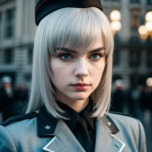 1 girl, european girl, pale skin, white hair, silver hair, military uniform, black hat, serious face, grey eyes, black uniform, ww2 city