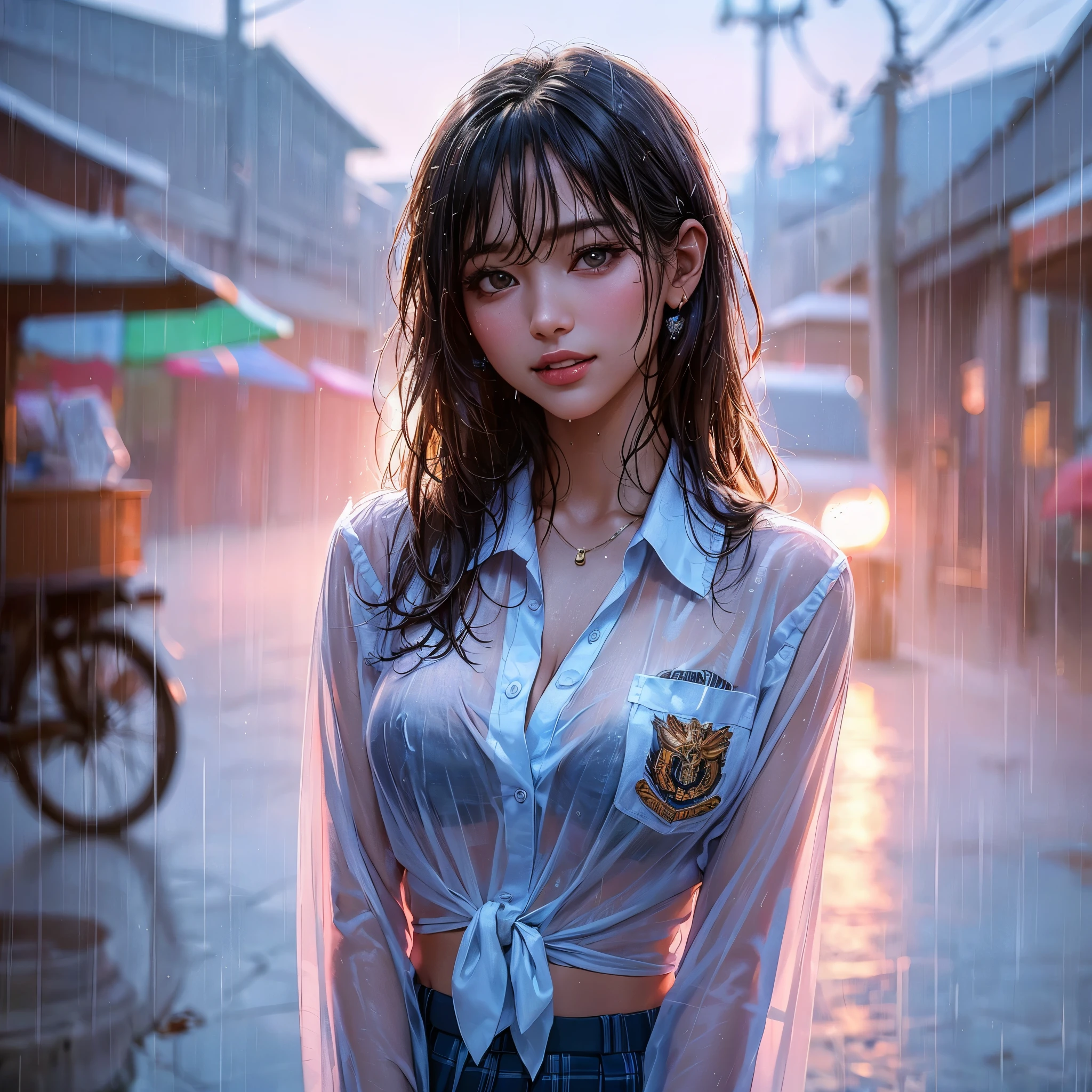 there is a woman with gigantic breast in a school uniform standing in the rain, wet shirt, see through, black bra, pretty girl standing in the rain, after rain and no girls, raining, girl wearing uniform, in the rain, thai girl, raining award winning photo, school girl, just after rain, raining!, at evening during rain, wet from rain, rainy wet, raining portrait, beautiful and smiling, masterpiece, best quality:1.2),,(8k,highres,RAW photo,realistic,photo-realistic:1.3),(detailed skin texture,detailed cloth texture,beautiful detailed face:1.25),professional lighting,photon mapping,beautiful soft light,radiosity,physically-based rendering,raytracing, model shoot style, model shoot style, (extremely detailed CG unity 8k wallpaper), full shot body photo of the most beautiful artwork in the world,