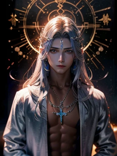 Cross Necklace、silber hair、Wear a blue aura、Good looking men、Look into the viewer's eyes、Please wear a blue aura。masutepiece、Best image、Deities々aura、masutepiece、Masterpiece