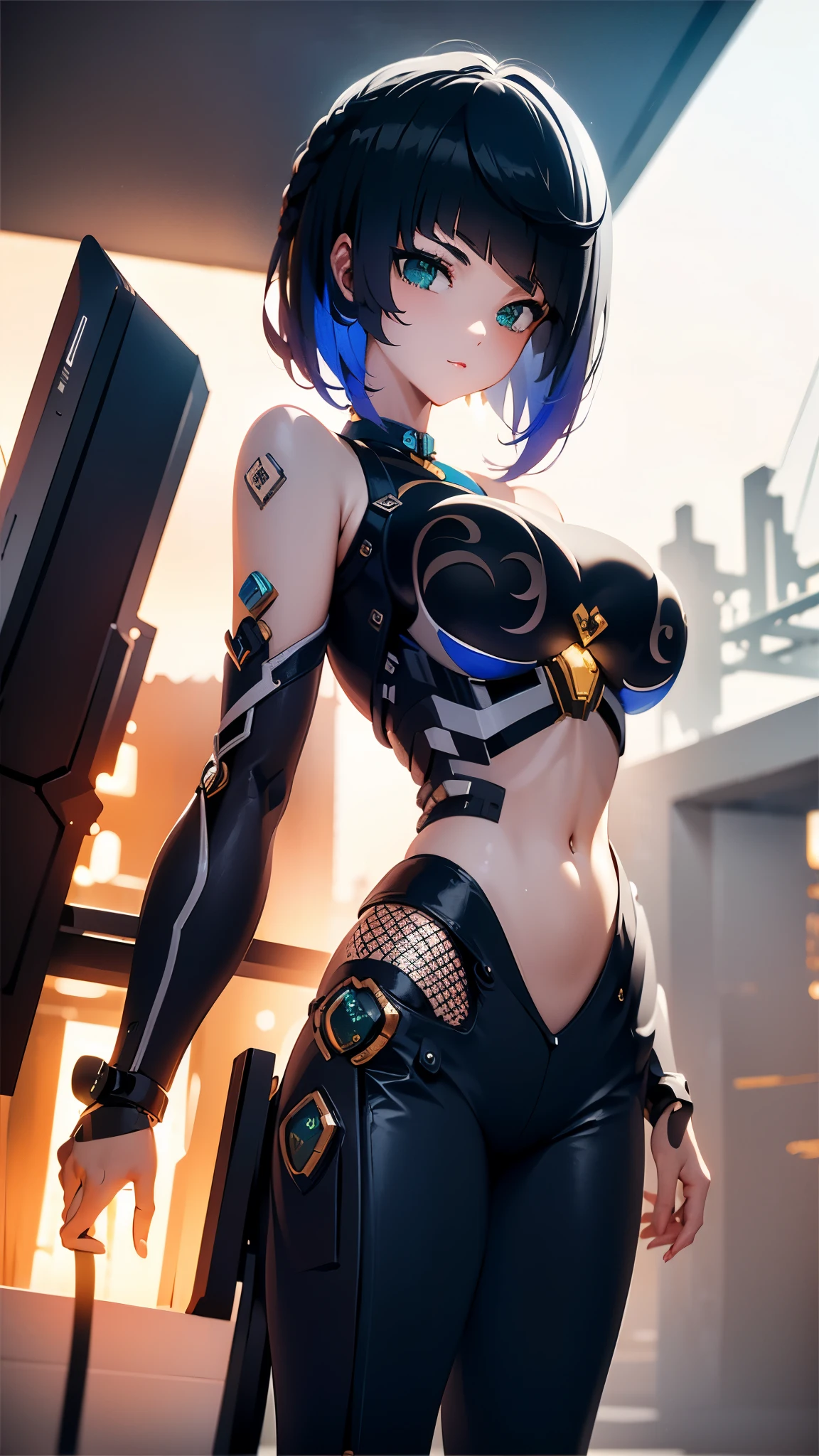 ((masterpiece, best quality)),illustration,ultra detailed 8k,photorealistic,sharp focus,highly detailed,professional lighting,colorful details,iridescent colors BREAK extreme long shot of a factory,large mechanical robot construction,microchip,computer,glowing,intricate details,shitu-mecha,1girl is standing in front of the audience,Navel