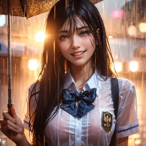 there is a woman with gigantic breast in a school uniform standing in the rain, wet shirt, see through, black bra, pretty girl s...