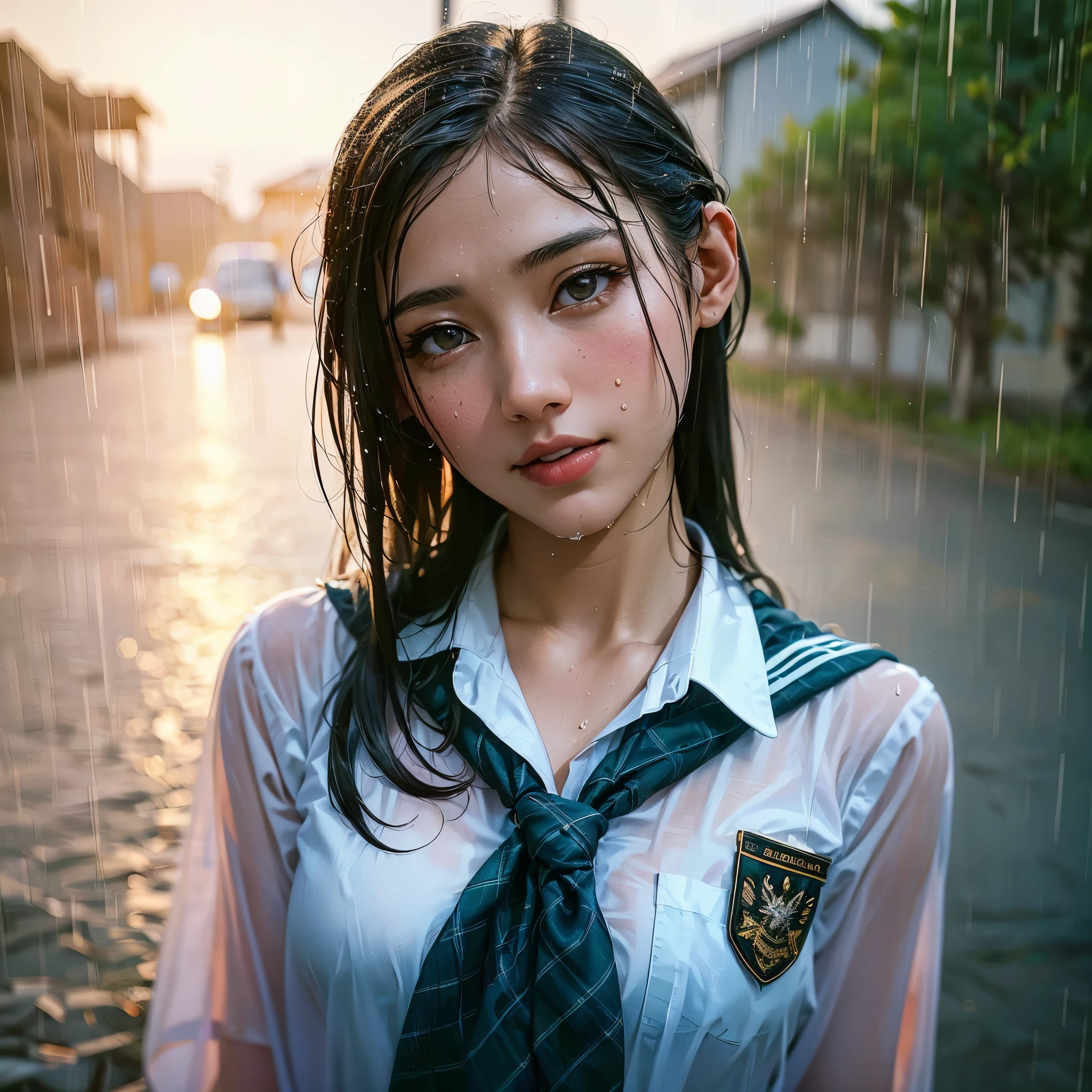 there is a woman with gigantic breast in a school uniform standing in the rain, wet shirt, see through, black bra, pretty girl standing in the rain, after rain and no girls, raining, girl wearing uniform, in the rain, thai girl, raining award winning photo, school girl, just after rain, raining!, at evening during rain, wet from rain, rainy wet, raining portrait, beautiful and smiling, masterpiece, best quality:1.2),,(8k,highres,RAW photo,realistic,photo-realistic:1.3),(detailed skin texture,detailed cloth texture,beautiful detailed face:1.25),professional lighting,photon mapping,beautiful soft light,radiosity,physically-based rendering,raytracing, model shoot style, model shoot style, (extremely detailed CG unity 8k wallpaper), full shot body photo of the most beautiful artwork in the world,