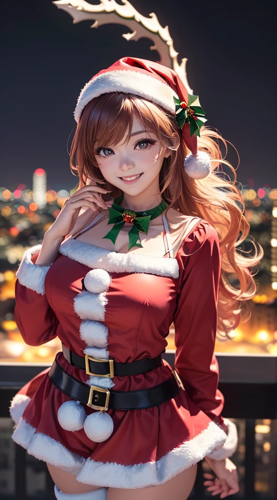 Highly detailed CG Unity 8k wallpaper, Highest quality, ultra - detailed, A high resolution, On the table, current, realisticlying:1.5), (Cute japanese girltra detailed face, Face focus, Beautiful and delicate eyes, Eye focus, (detailedbackground:1.2), Detailed clothes, Ultra-delicate skin, (Wearing a cute Santa Claus costume:1.5), (Night cityscape background:1.5), medium long curly hair, Brown hair, Fluttering, medium, medium, (cosmetics), (cute smiling:1.5), (Perspectives:1.5),