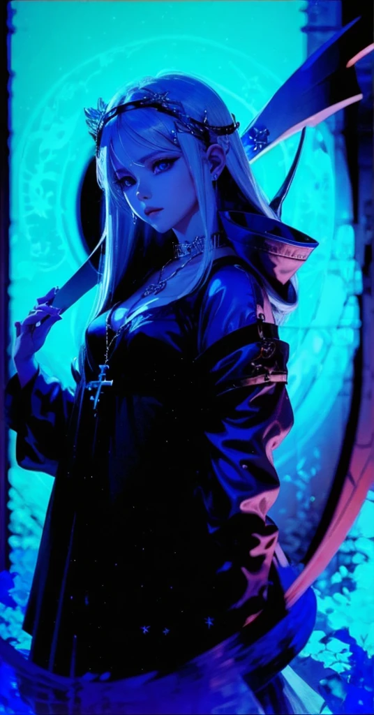 White hair、with a sickle、Cross Necklace、silber hair、Wear a blue aura、Good looking woman、Look into the viewer's eyes、Please wear a blue aura。masutepiece、Best image、Deities々aura、masutepiece、masutepiece