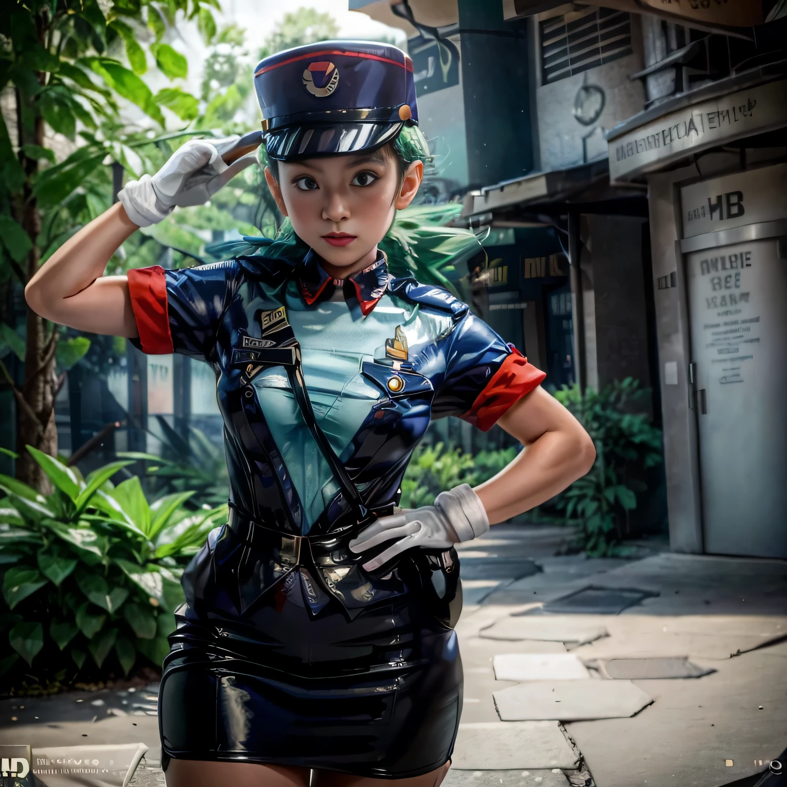 a girl, Officer Jenny((pokemon)), 1 girl, pokemon police officer uniform, wearing cap, green long hair, earing white gloves, photorealistic photo, perfectly lit environment, best shot, UHD, retina, ccurate, masterpiece, anatomically correct, textured skin, high details, super detail, high quality, award winning, highres, best quality, 1080P, HD, cute looking, cute smile, beautiful, 1 girl, tight clothes, sexy, curves.