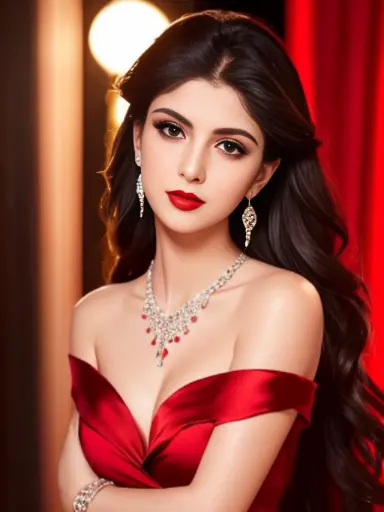 lebanese lady, diamond dangling earrings, necklace, bracelets, small breasts, red lips, smokey eyes, red long satin dress, sad, ...